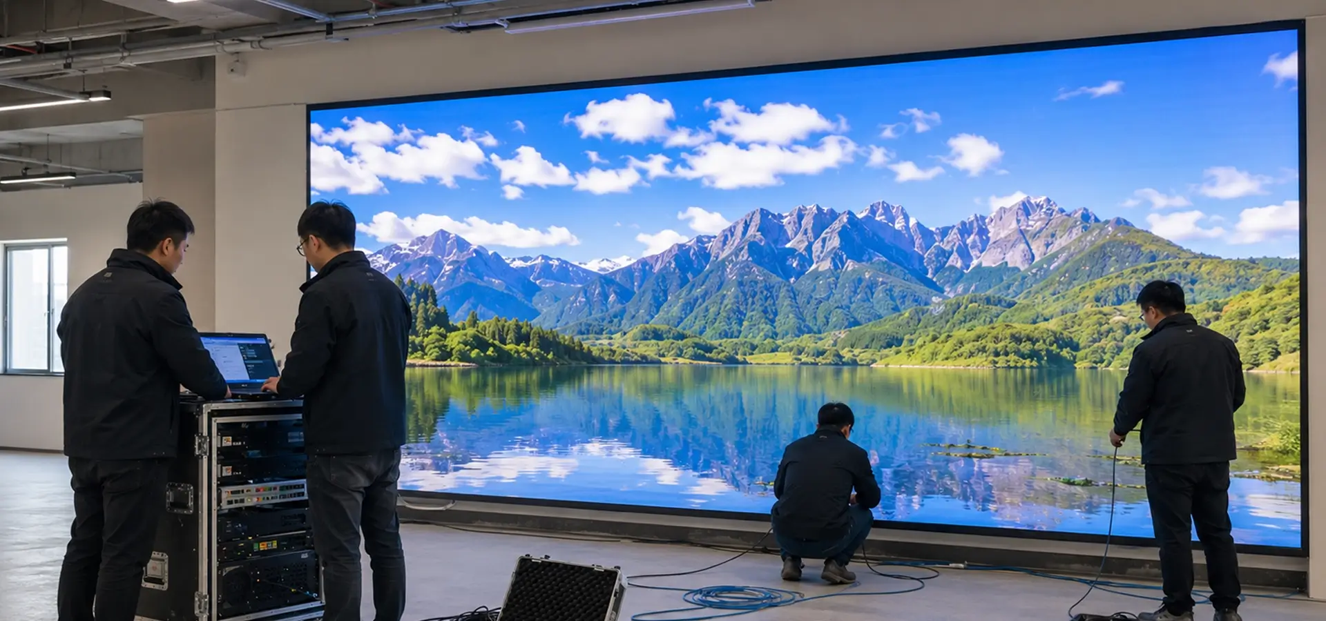 Il team di integratori AV sta mettendo in funzione in loco un videowall a LED di grande formato — Supporto alla realizzazione del progetto da parte di DOIT VISION