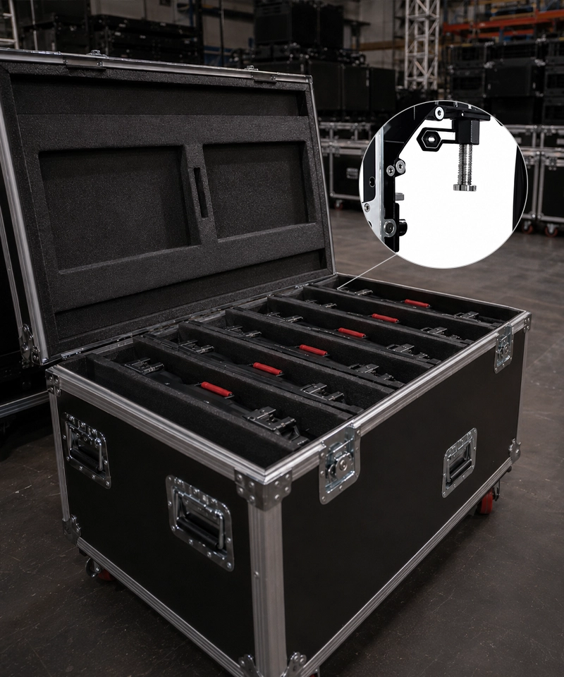 Detail van een LED-kast die klaar is voor gebruik op de weg — close-up van het snelsluitmechanisme en het stapelen in een flightcase.