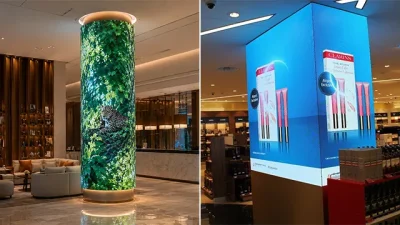 Installazioni personalizzate di cubi e colonne cilindriche a LED COB Beta.