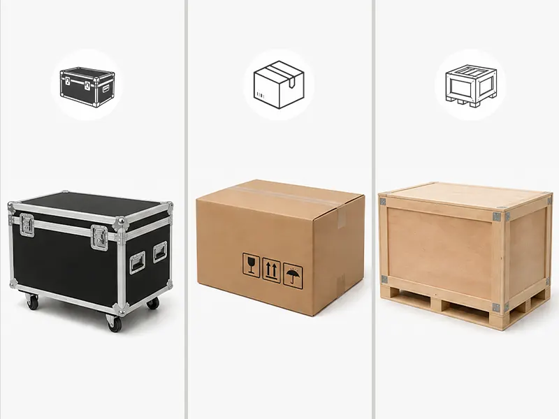 Opzioni di imballaggio MIP: flight case, scatola di cartone, cassa di legno