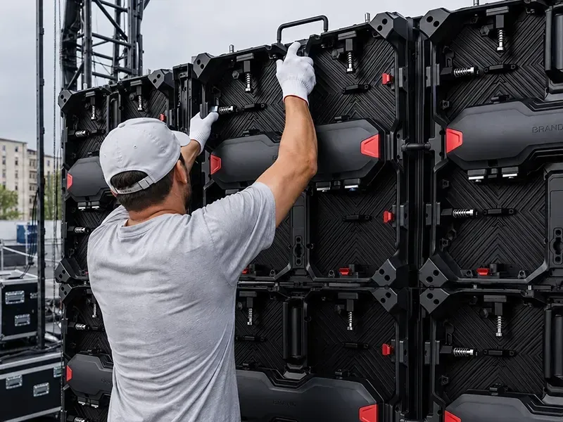 Crew assembling rental LED panels for outdoor concert stage