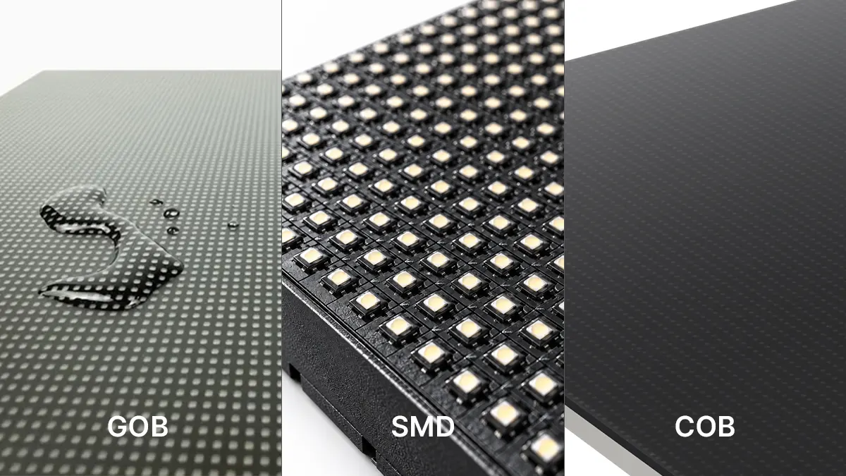 Side-by-side macro close-up of COB GOB and SMD LED poster module surfaces showing encapsulation differences