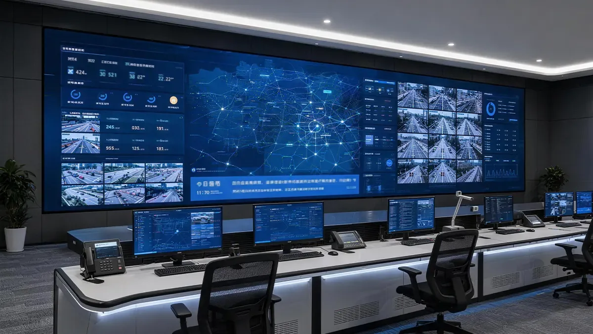 COB Pro fine pitch COB LED video wall lit up in a control room, sealed matte black surface with no visible pixel structure