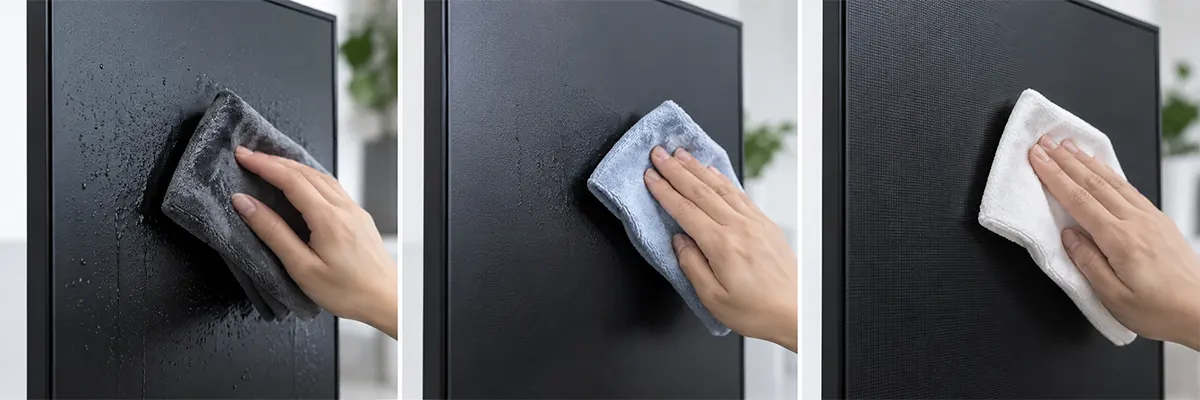 Cleaning methods comparison for COB GOB and SMD LED poster surfaces showing correct cloth and cleaner for each encapsulation type