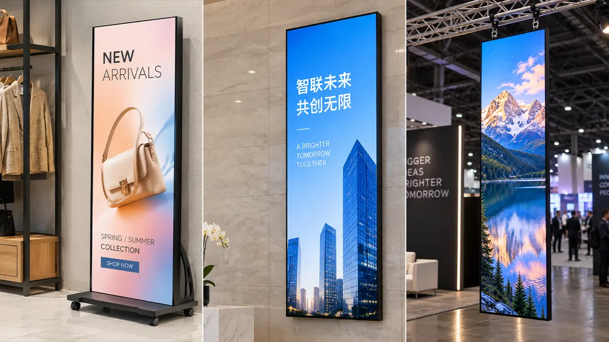 Side-by-side comparison of LED poster installations using floor stand in retail store, wall mount in corporate lobby, and truss mount at exhibition