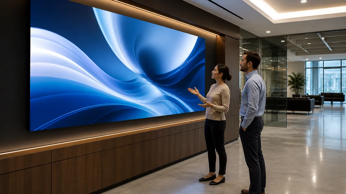 P1.25 COB LED display wall in a corporate showroom viewed at close range with seamless high-resolution image