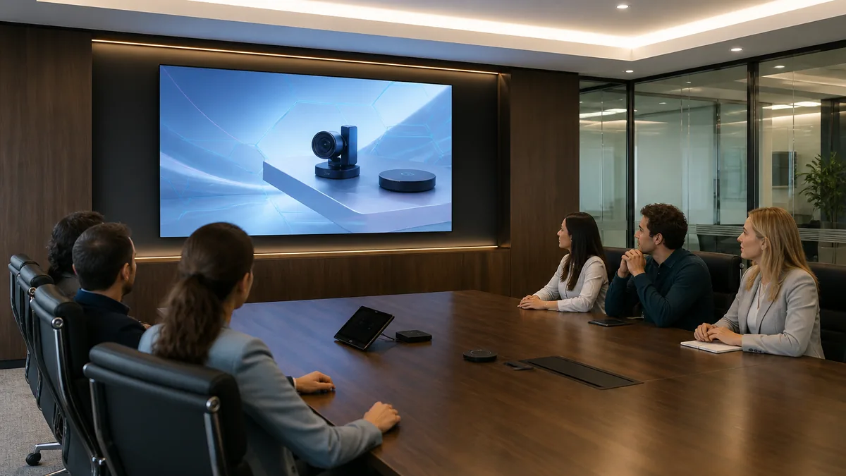 P1.5 LED video wall in a corporate boardroom viewed at mid distance across a conference table