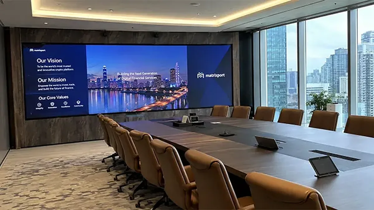 COB Pro fine-pitch modular LED wall in a corporate boardroom