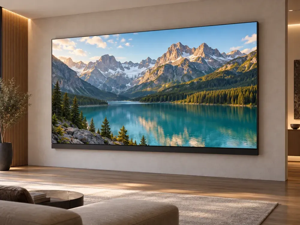 Wall-mounted All-in-One LED display in a contemporary lounge interior visualization