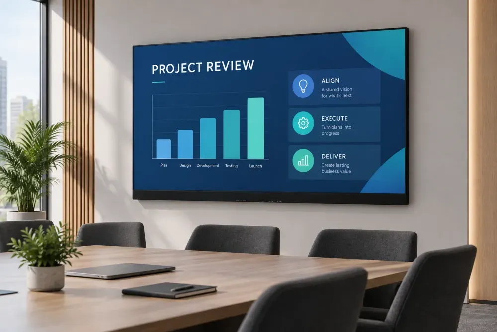 Wall-mounted All-in-One LED display in a meeting-room setting