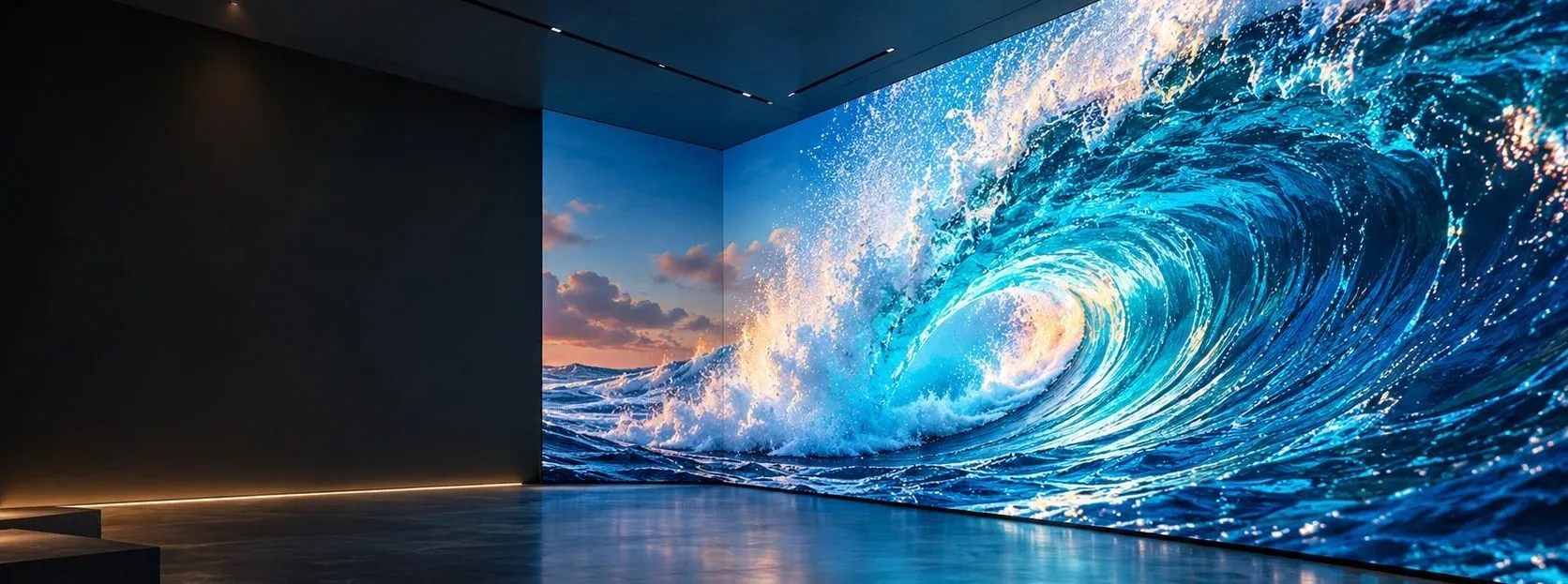Konseptvisualisering av en immersiv fin pitch LED-videovegg som viser en levende blå havbølge