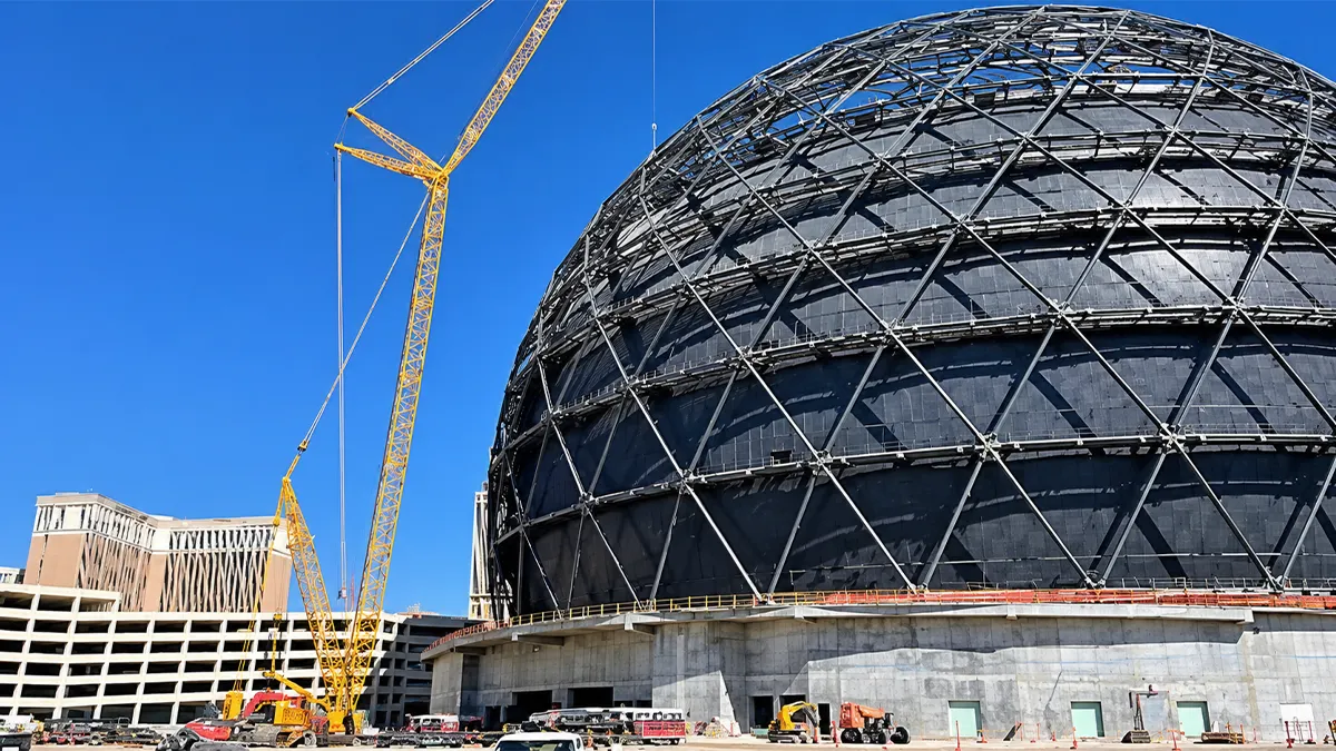 Sphere in Las Vegas during construction. Its permanent architectural display and show systems form a venue-scale project.