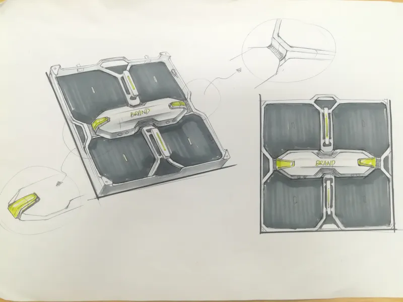 Käsin piirretty Matrix-LED-kaappikonsepti kahvalla ja sähkörasialla