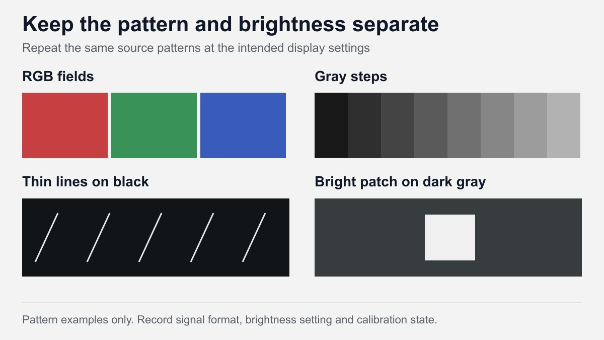Four illustrative test patterns: RGB fields, gray steps, thin lines on black and a white patch on dark gray.