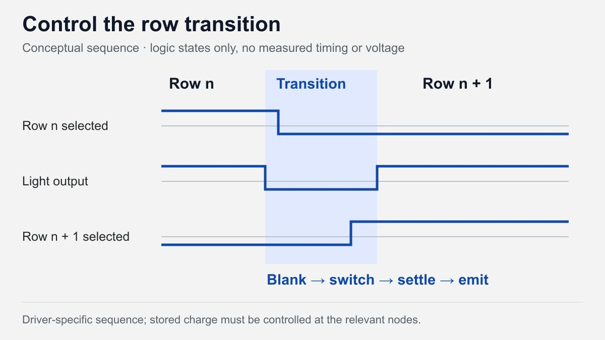 Conceptual row-transition timing with light output blanked while the selected row changes and nodes settle.